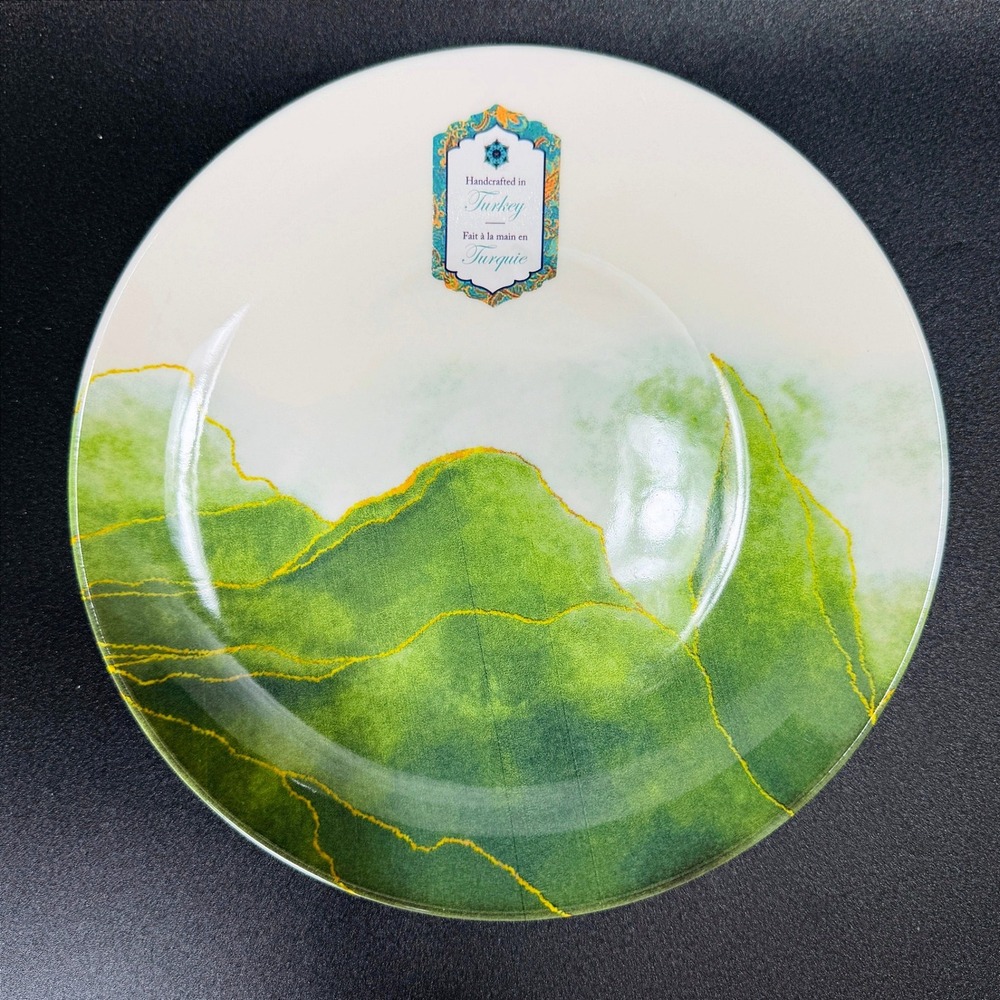 Intesa Home Turkey Green Abstract Porcelain Salad Plates Set of 2 Handcrafted 8"